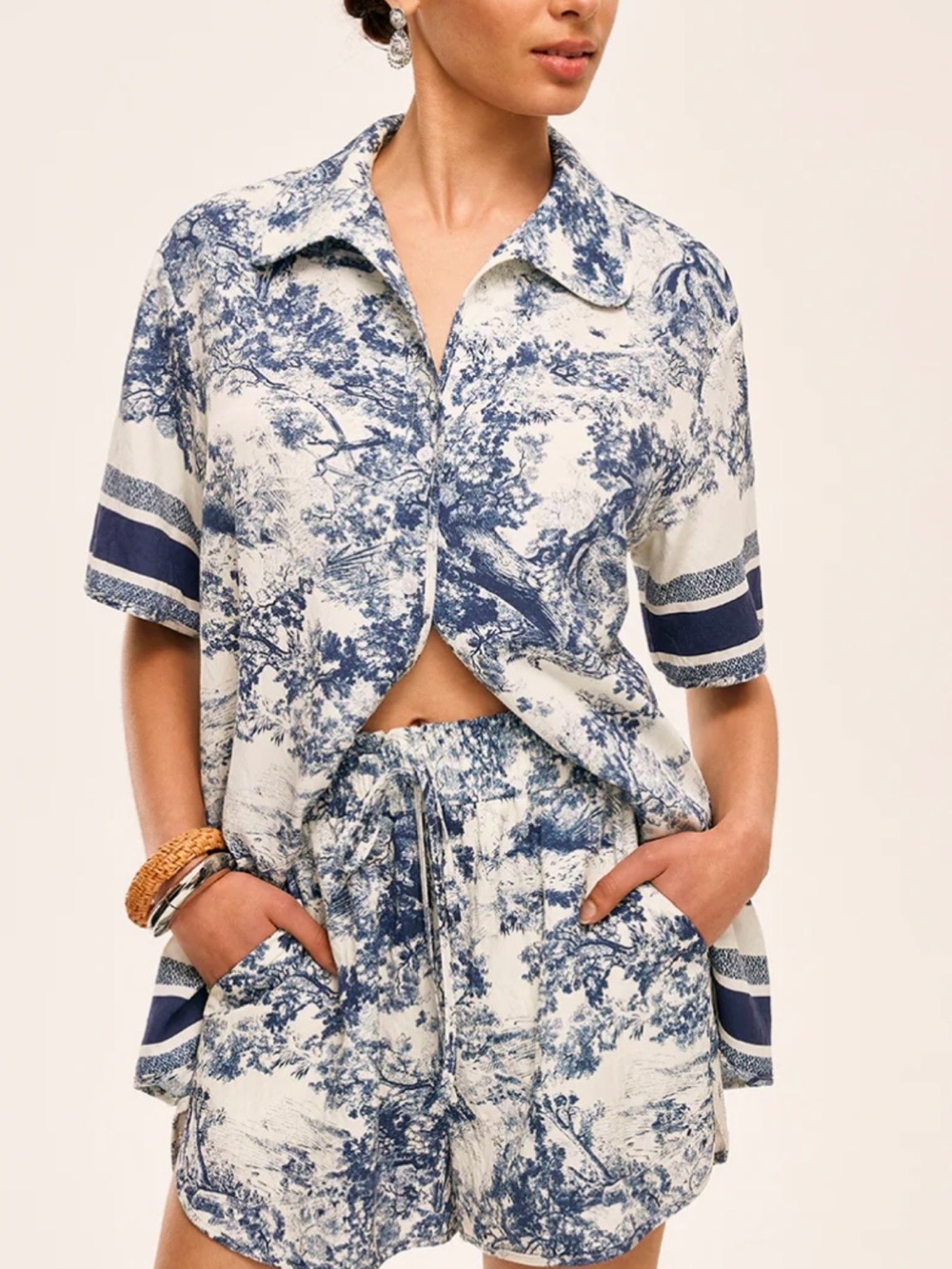 Commense Blue Toile Print Short Set - Button Front Shirt & Shorts - size Medium - Picture 5 of 16